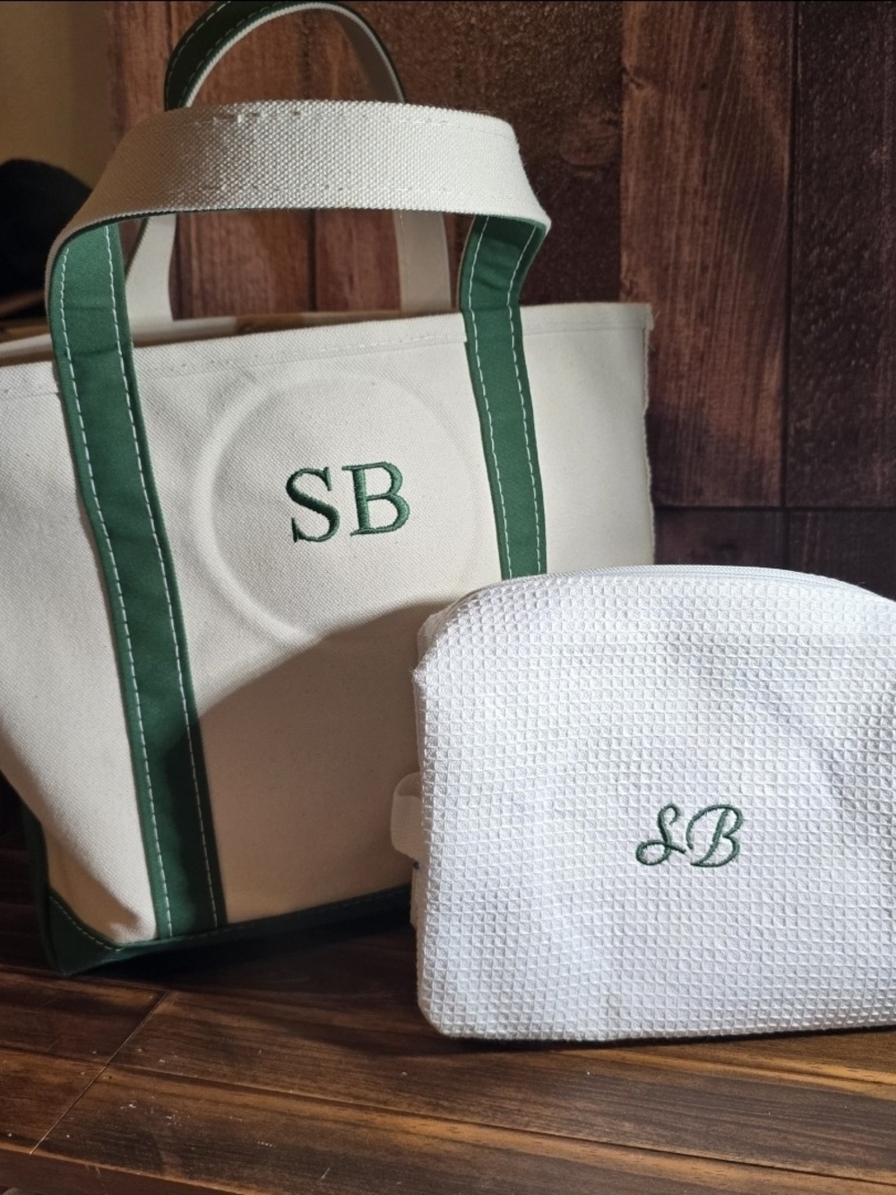Monogrammed Cream Canvas Tote and Pouch with Green Trim